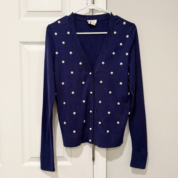 Kate Spade Navy Blue Pearl Cardigan Size Medium - Picture 2 of 5
